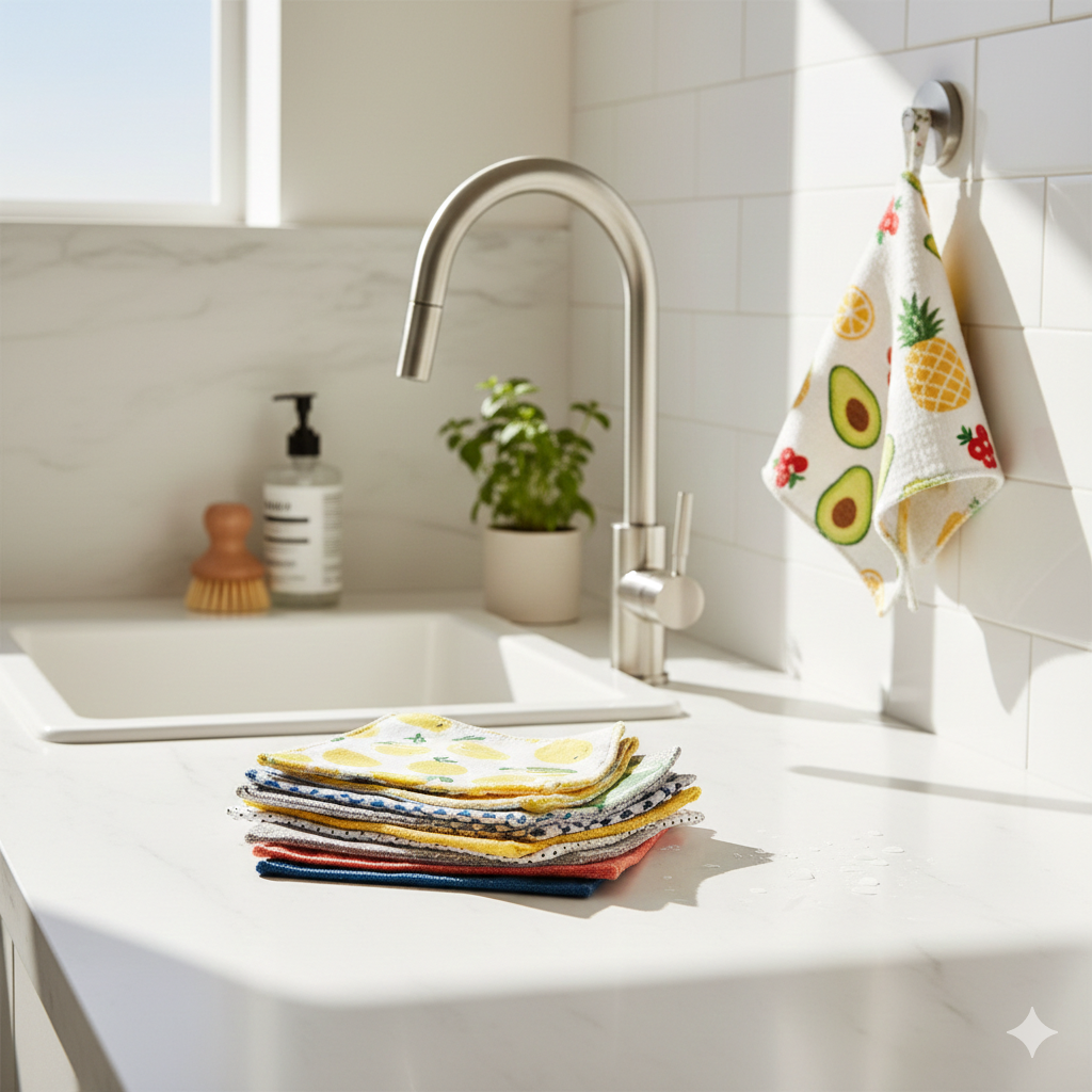 Reusable Swedish dishcloths for non-toxic kitchen cleaning on a marble counter.