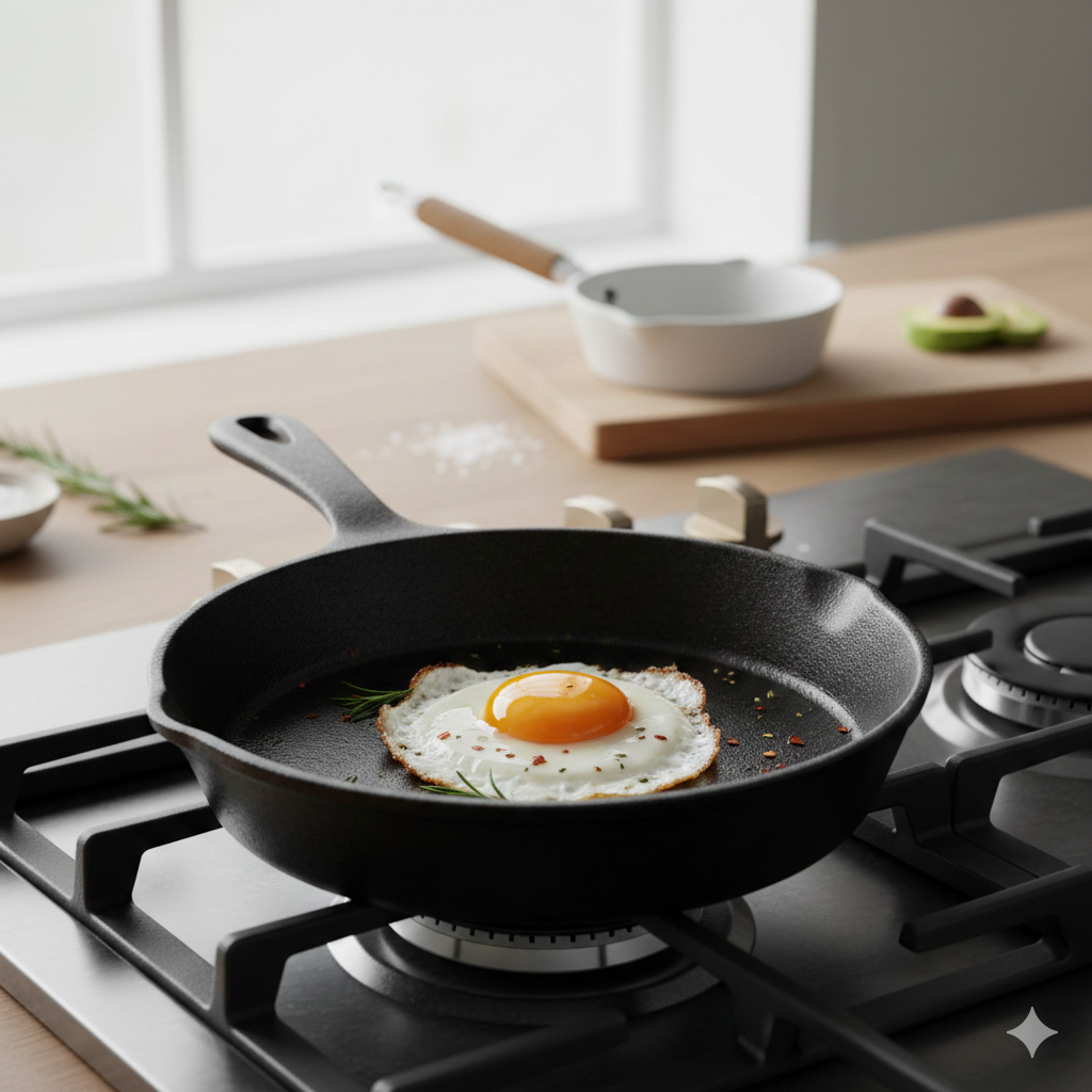 Seasoned cast iron skillet on a gas stovetop — non-toxic cookware alternative to Teflon