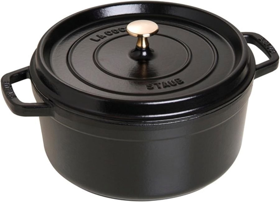Staub 5.5-Quart Round Cocotte enameled cast iron Dutch oven, matte black interior, PFAS-free, made in France