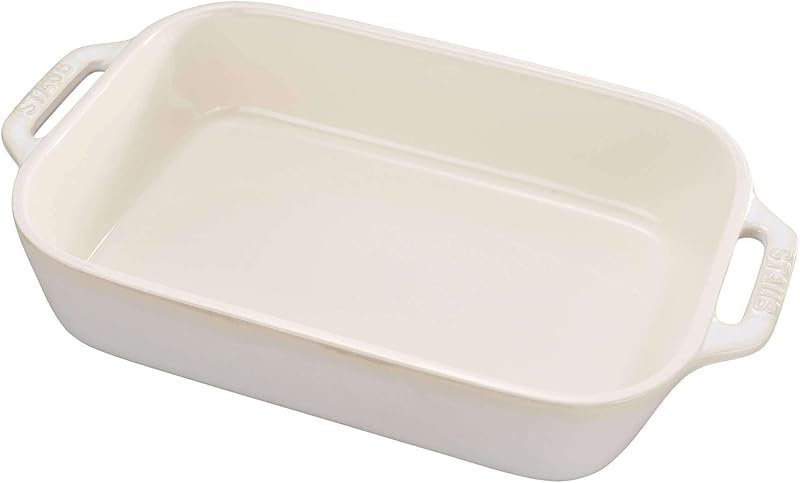 Staub stoneware rectangular baking dish, ivory white, no coatings, oven safe