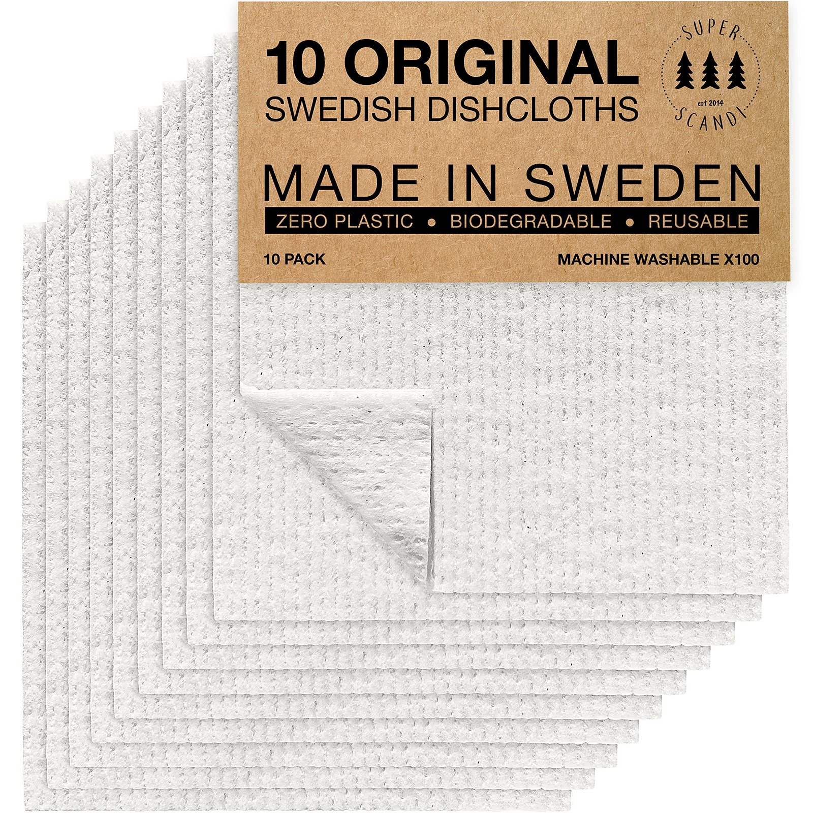 Superscandi Swedish dishcloths 10-pack, natural cellulose and cotton, compostable, biodegradable paper towel alternative