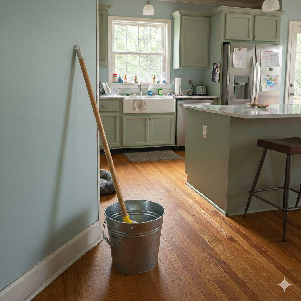 Sustainable wooden-handled mop with reusable microfiber pad on a kitchen floor.