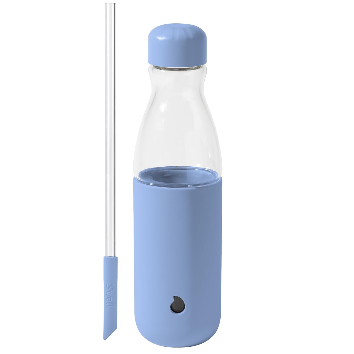 S'well Glass Original 18oz borosilicate glass water bottle with collapsible glass straw and silicone sleeve