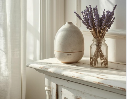 Vitruvi stone diffuser ceramic non-toxic on wood table
