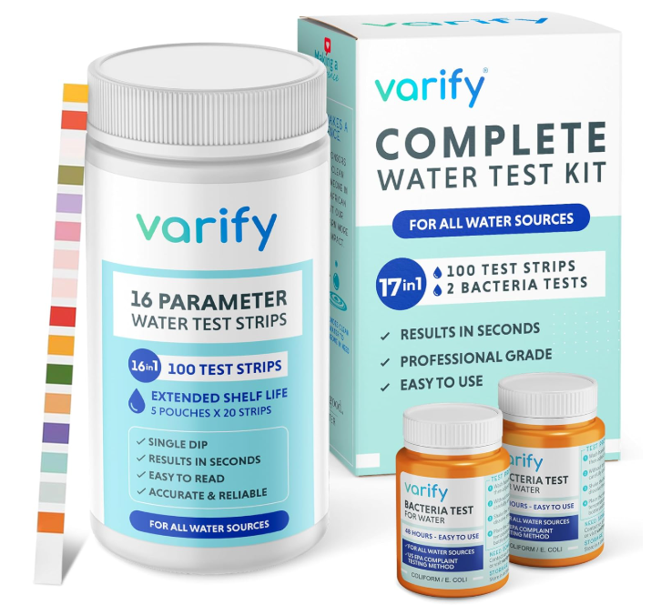 Varify 17-in-1 drinking water test kit for chlorine, lead, bacteria, and fluoride