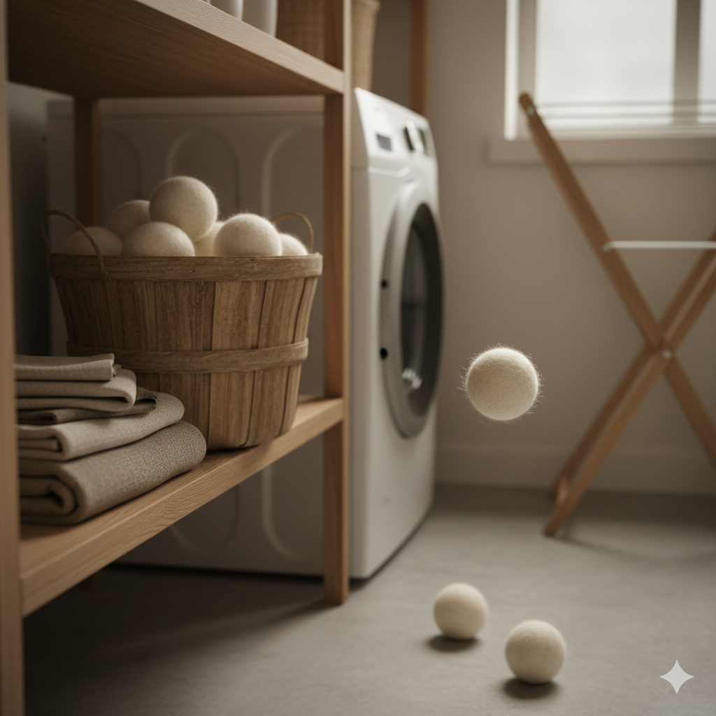 Wool dryer balls in a laundry basket, natural alternative to toxic dryer sheets.