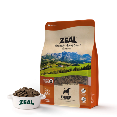 Zeal air-dried dog food with 96% meat and organs, a clean alternative to processed kibble