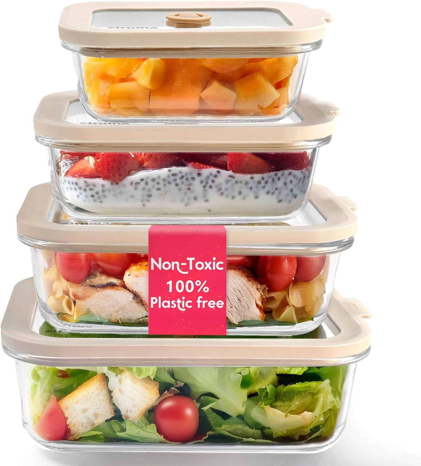 Ziruma 4-pack glass food storage containers with borosilicate glass lids and platinum silicone seals