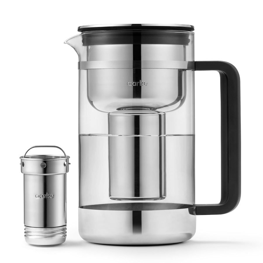 Aarke Purifier glass water filter pitcher with stainless steel filter