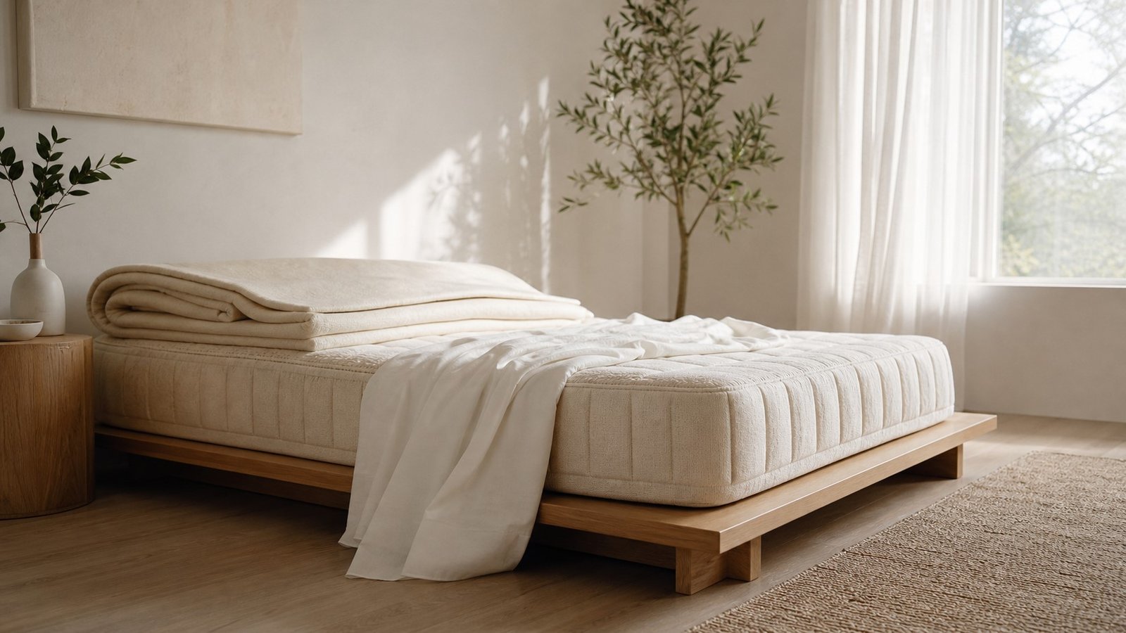 Bare organic mattress on a solid wood platform bed frame in a bright non-toxic bedroom