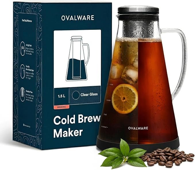 Ovalware airtight cold brew coffee maker 1.5L borosilicate glass carafe 18/8 stainless steel filter non toxic