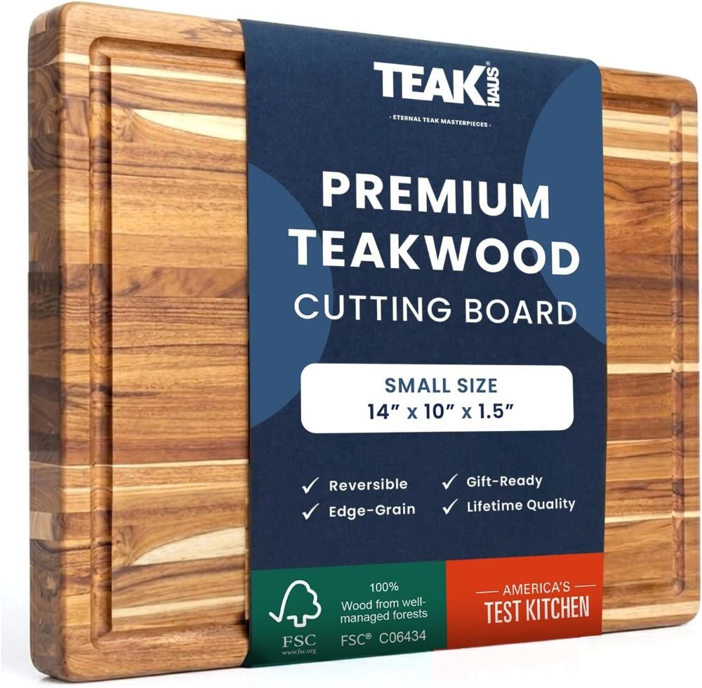 Teakhaus FSC-certified teak wood cutting board with juice groove, non-toxic reversible carving board