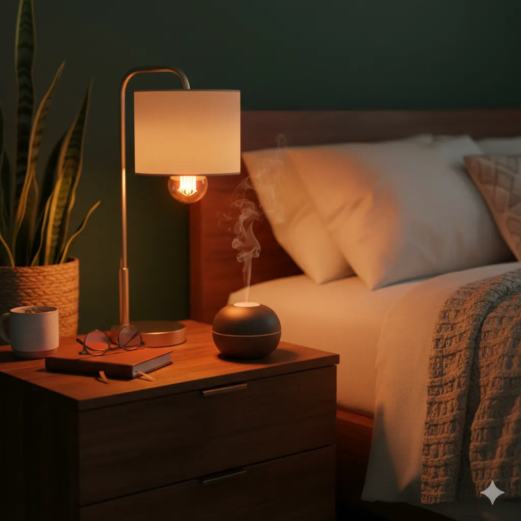 Warm amber lamp on a wooden nightstand beside a bed, creating a cozy glow with a diffuser.