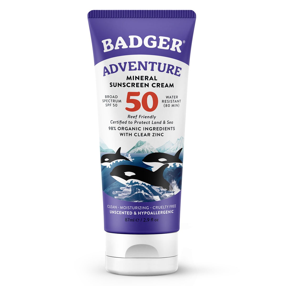 Badger Adventure Mineral Sunscreen Cream SPF 50 non-toxic zinc oxide reef safe unscented