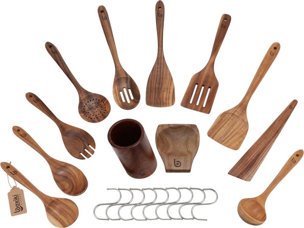 Boxiki Kitchen natural teak wood utensil set, handmade with no lacquer or coating