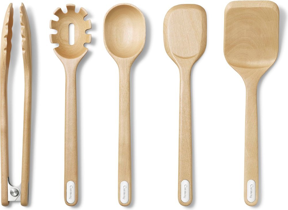 Caraway 5-piece birch wood kitchen utensil set with spoon, server, scraper, spatula and tongs
