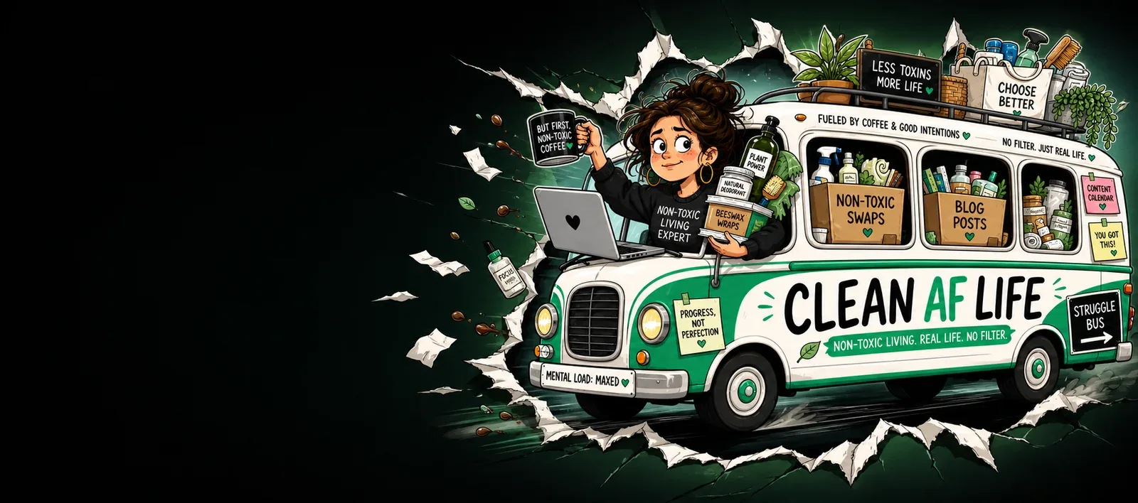Illustrated Clean AF Life bus loaded with non-toxic swaps and clean living essentials