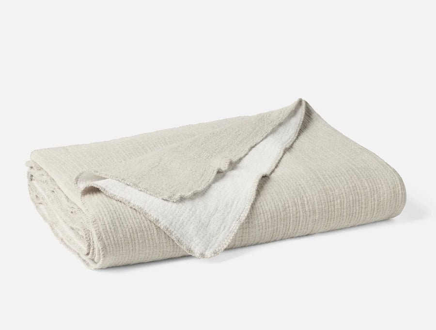 Coyuchi Cozy Cotton Organic Blanket in stone, 100 percent organic cotton chenille with puckered texture and white reverse