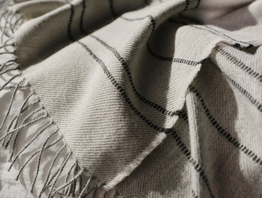 Coyuchi Lima Reversible Alpaca Throw in grey, 100 percent baby alpaca, hypoallergenic, reversible stripe with tassels