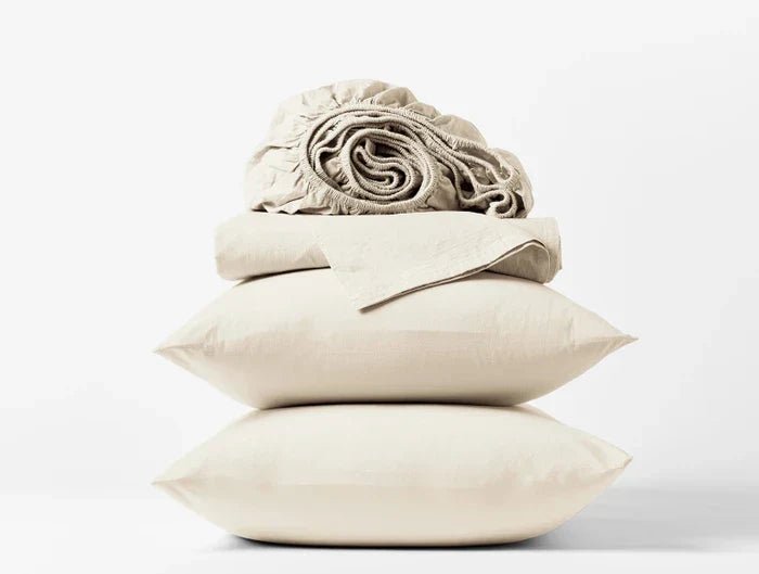 Coyuchi Organic Crinkled Percale Sheet Set in undyed natural, GOTS certified 100 percent organic cotton, lightweight crinkled texture