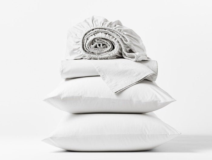 Coyuchi Refined Organic Percale Sheet Set in white, GOTS certified 100 percent organic cotton, crisp cool percale weave