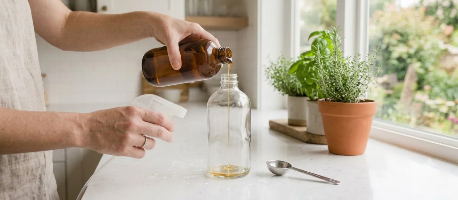 Making a DIY non-toxic dish soap refill by pouring plant-based concentrate into a clear glass spray bottle, measuring spoon and fresh herbs on the counter
