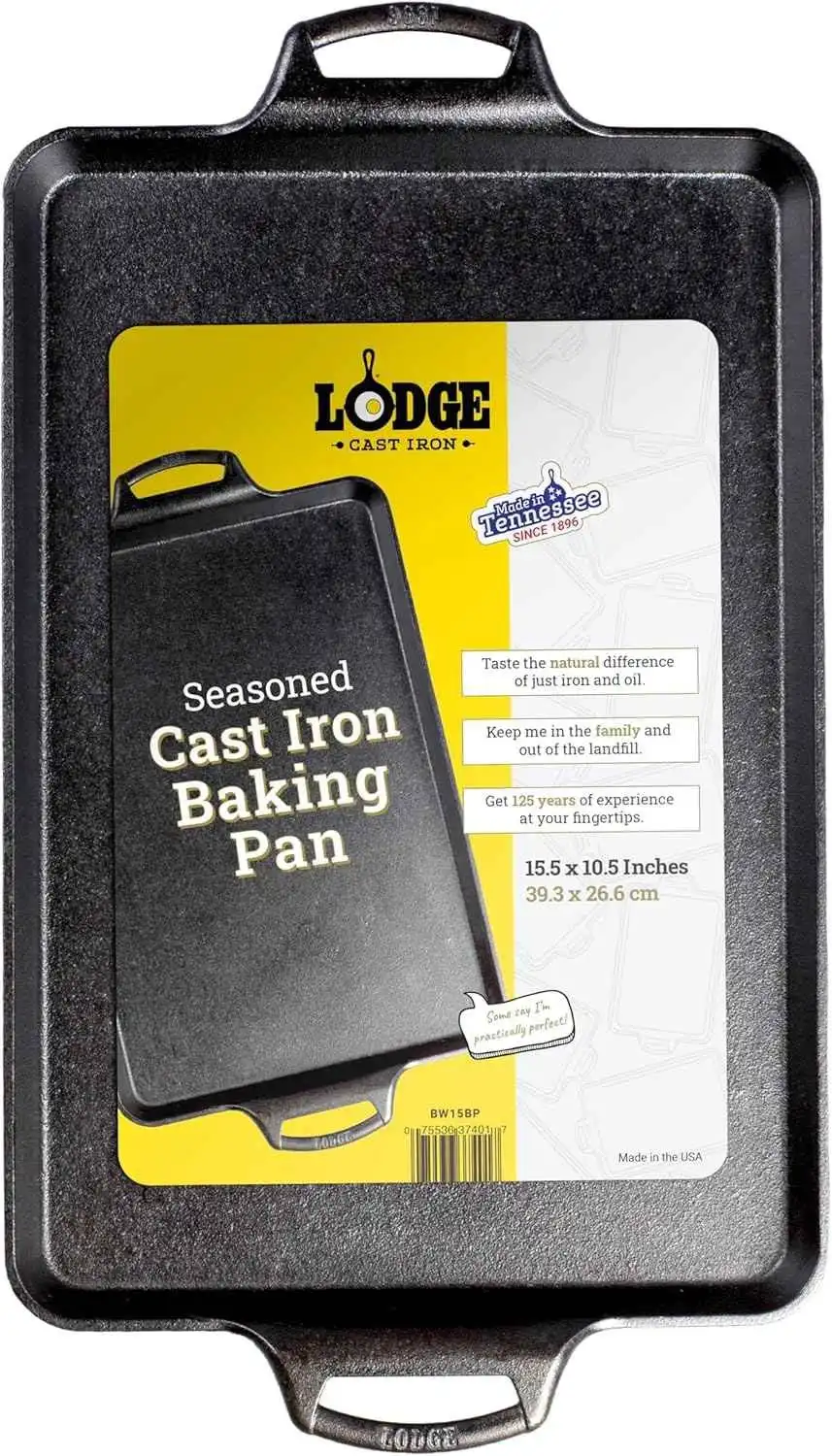Lodge seasoned cast iron baking pan 15.5 x 10.5 inches, pre-seasoned rectangular oven pan with dual handles