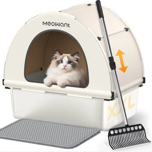 Meowant 3-in-1 LB03 Stainless Steel Cat Litter Box with Lid, 85L three modes enclosed semi-open open, 97% odor blockage