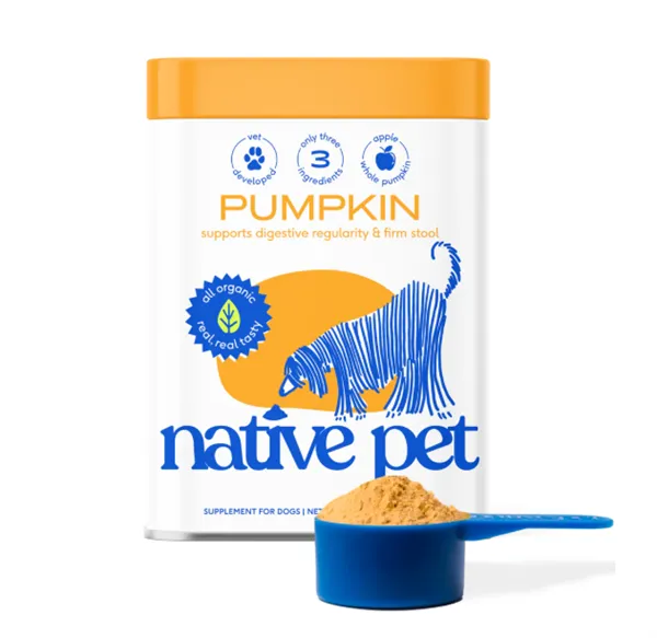 Native Pet Organic Pumpkin Powder tin, 100% organic fiber for dog digestion