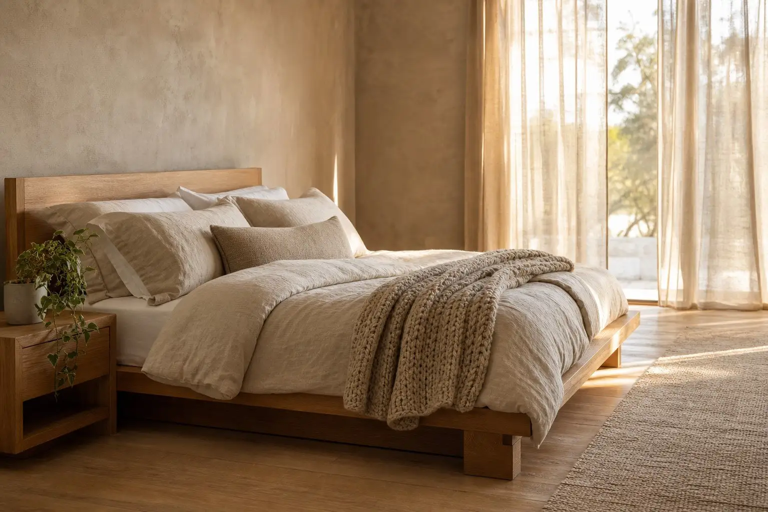A neatly made bed with organic cotton and linen bedding in a sunlit bedroom — the comfort payoff of a non-toxic Naturepedic mattress.
