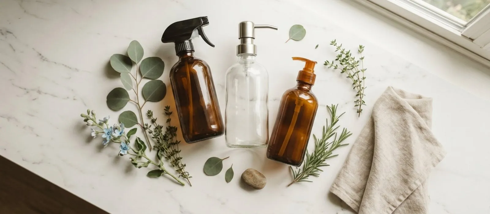 Flat lay of three plant-based dish soap bottles in amber and clear glass on white marble with eucalyptus and herbs, non-toxic dish soap alternatives