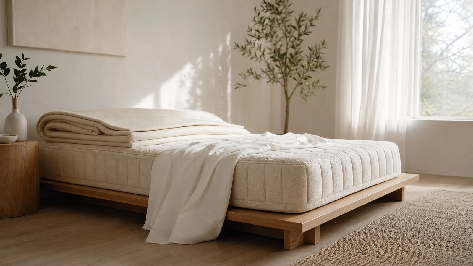 Bare organic mattress on a solid wood platform bed frame in a bright non-toxic bedroom