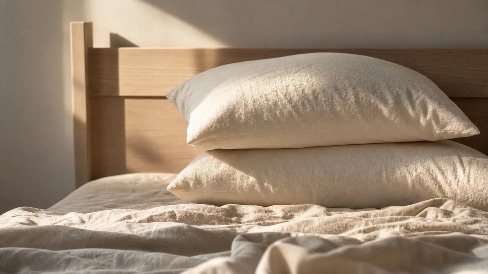 Organic pillows in natural cotton cases on a bed in a non-toxic bedroom