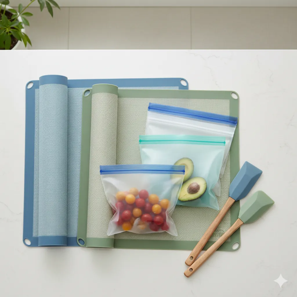 Non-toxic silicone baking mats and reusable BPA-free food storage bags for safer kitchen storage.
