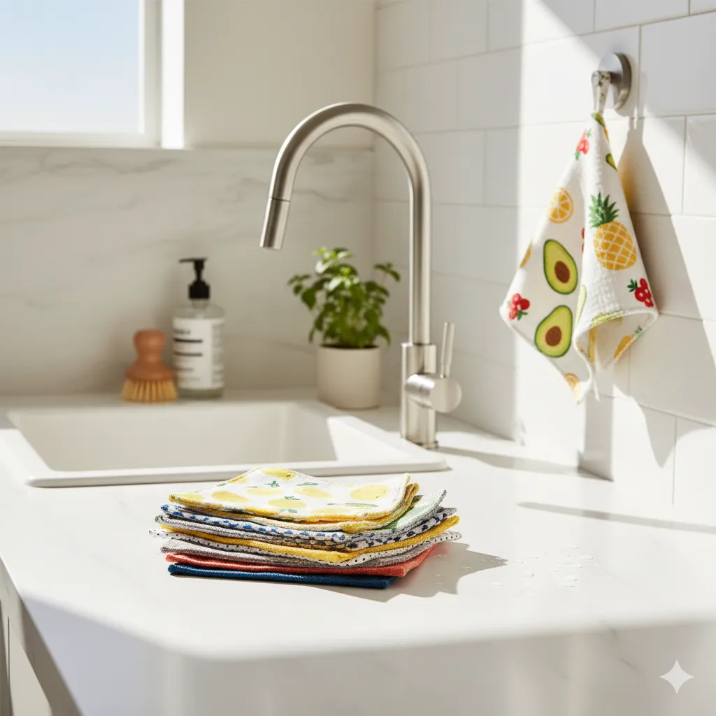 Reusable Swedish dishcloths for non-toxic kitchen cleaning on a marble counter.