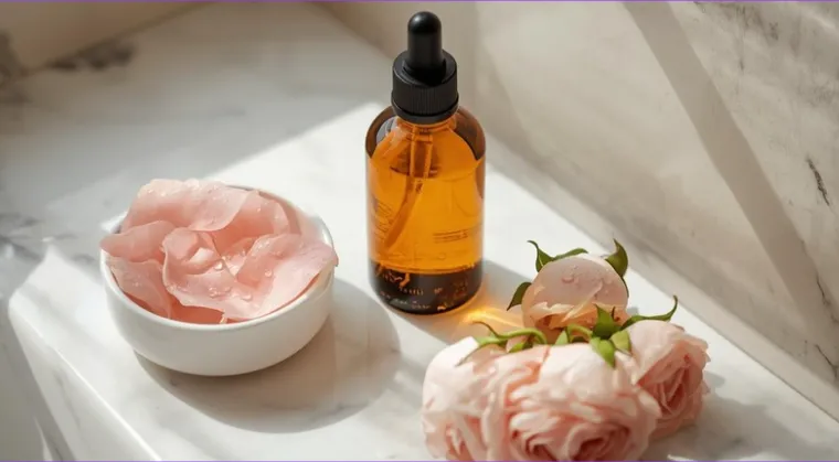 Sunlit bathroom vanity with an amber glass oil bottle and fresh pink roses
