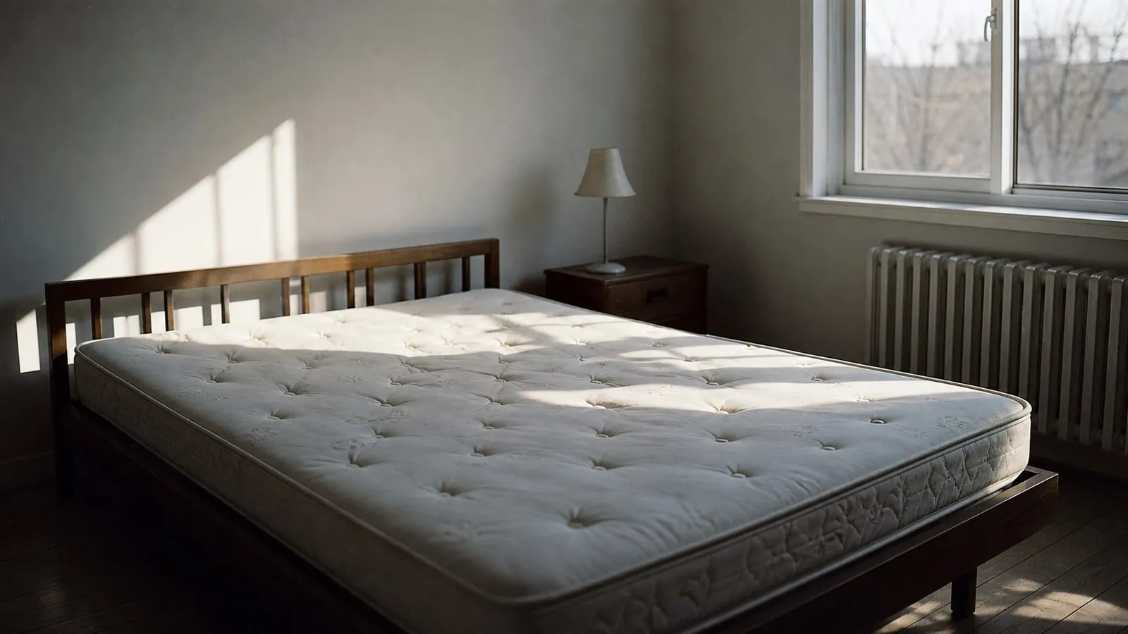 Bare conventional mattress in a stark bedroom — where toxic mattress chemicals like polyurethane foam and VOCs hide