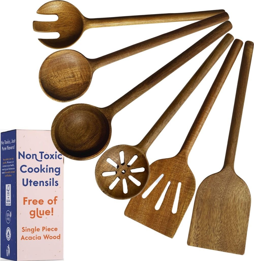 Ziruma 6-piece acacia wood kitchen utensil set, one-piece solid wood with no glue joints, beeswax and flaxseed oil finish