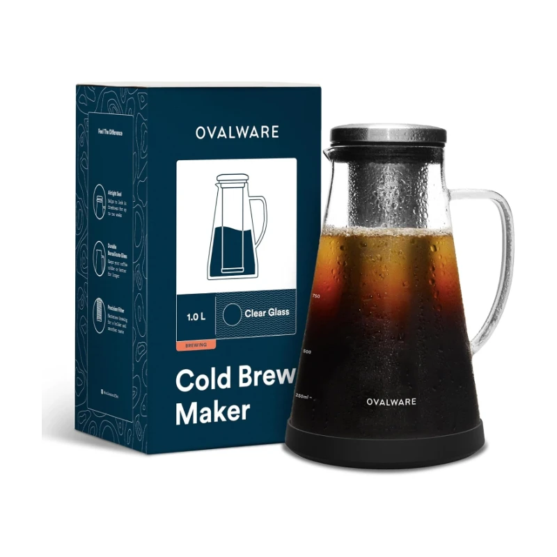 OVALWARE RJ3 airtight cold brew coffee maker with borosilicate glass carafe and stainless steel filter