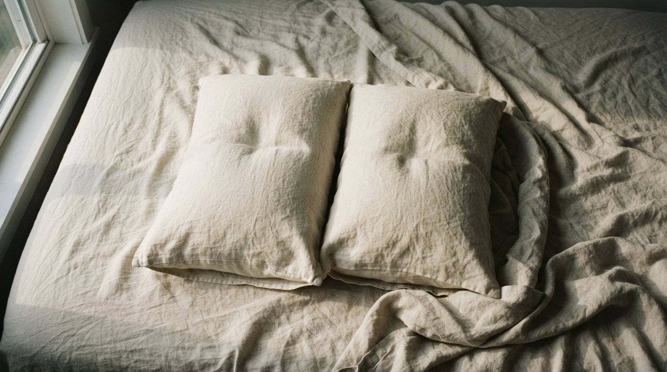 Natural pillow fill types shown as two organic cotton pillows on linen bedding