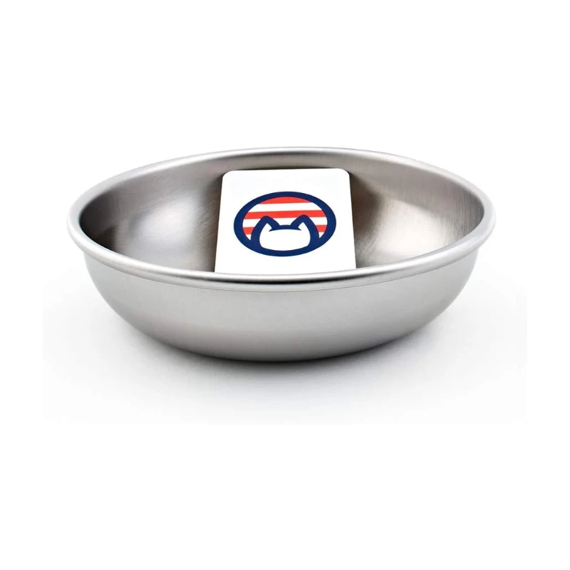 Americat Company stainless steel cat bowl, made in the USA, wide and shallow whisker-friendly shape