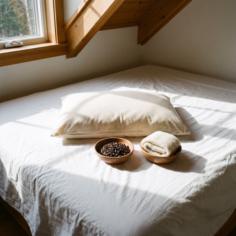 Circadian Buckwool Hybrid Pillow with a firm buckwheat side and a soft organic wool side, each chamber adjustable