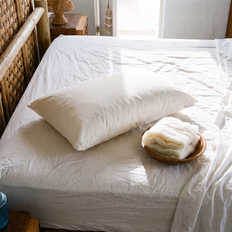 Circadian Organic Wool Pillow, GOTS certified organic wool fill and organic cotton sateen cover
