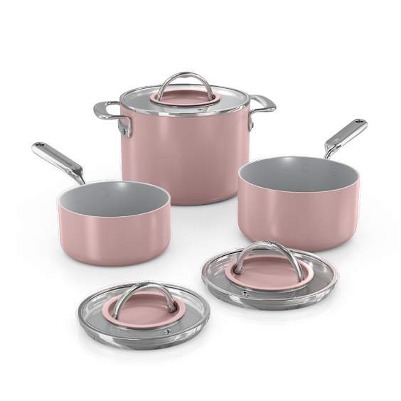 Non-Toxic Cookware 22 Ninja NeverQuit 6-piece ceramic nonstick saucepan cookware set in pink with glass lids