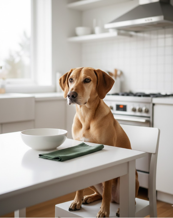 Dog sitting at a kitchen table with an empty bowl, waiting for homemade dog food