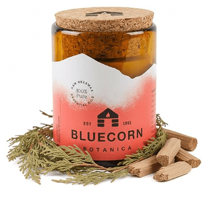 Bluecorn Botanica Cypress Sandalwood Beeswax Candle, 100% beeswax essential oils handmade Colorado, refillable amber jar 40 hours