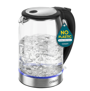 Cosori borosilicate glass electric kettle 1500W non toxic no plastic water contact stainless steel filter auto shutoff 1.7L