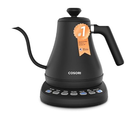 Cosori gooseneck electric kettle 100% 304 stainless steel interior no plastic 5 temperature presets 1-hour keep warm pour-over coffee tea non toxic