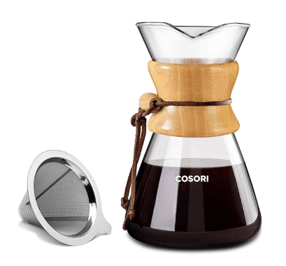 Cosori pour-over coffee maker double-layer stainless steel filter glass carafe 34oz non toxic no paper filters