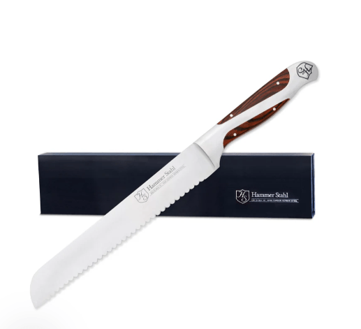 Hammer Stahl 8-inch serrated bread knife with high-carbon German steel, handcrafted in USA, no chemical coatings